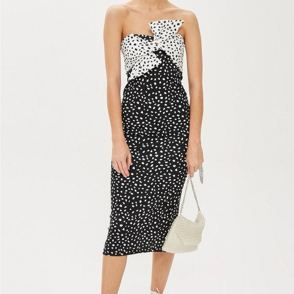 Topshop Monochrome Polka Dot Bow Twist Strapless Midi Dress Prom 10 Nordstrom